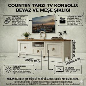 Country Tarzı TV Konsolu- Beyaz ve Meşe Şıklığı