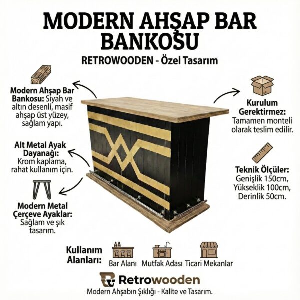 Modern Endüstriyel Tasarım Siyah Ahşap Bar Bankosu ve Karşılama Masası