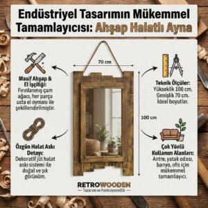 Endüstriyel Tasarım Masif Ahşap Çerçeveli, Jüt Halat Askılı Dekoratif Rustik Duvar Aynası