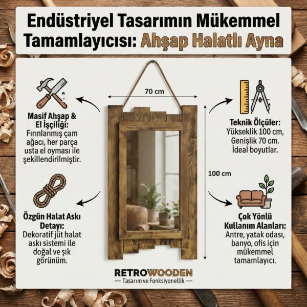 Endüstriyel Tasarım Masif Ahşap Çerçeveli, Jüt Halat Askılı Dekoratif Rustik Duvar Aynası