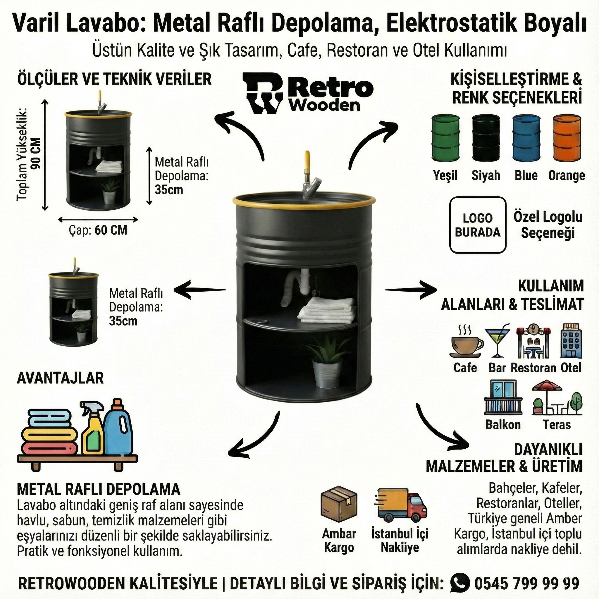 Endüstriyel Tasarım Metal Raflı Dekoratif Varil Lavabo – Elektrostatik Boyalı Hazır Kullanım Banyo ve Bahçe Ünitesi