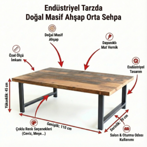 Masif Ahşap Rustik Orta Sehpa - Endüstriyel Tasarım Mobilyalar