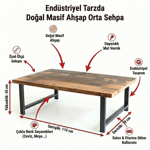 Masif Ahşap Rustik Orta Sehpa - Endüstriyel Tasarım Mobilyalar