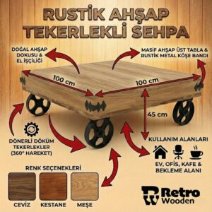 Rustik Ahşap Tekerlekli Sehpa - Görsel 2