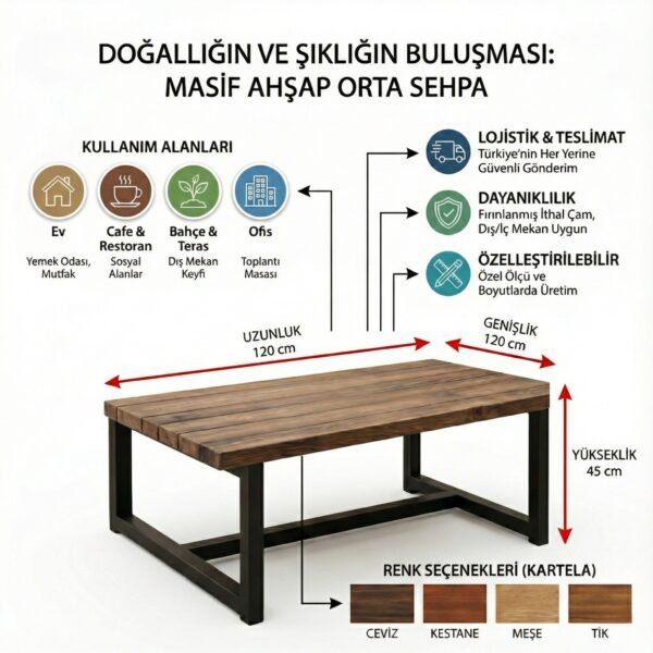 Masif Ahşap Rustik Orta Sehpa - Endüstriyel Tasarım Mobilyalar