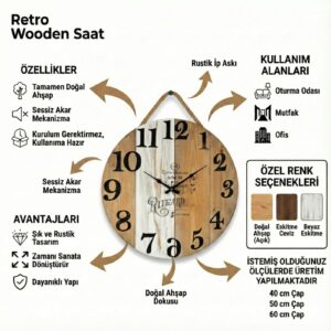 Ahşap yuvarlak duvar saati - Görsel 2