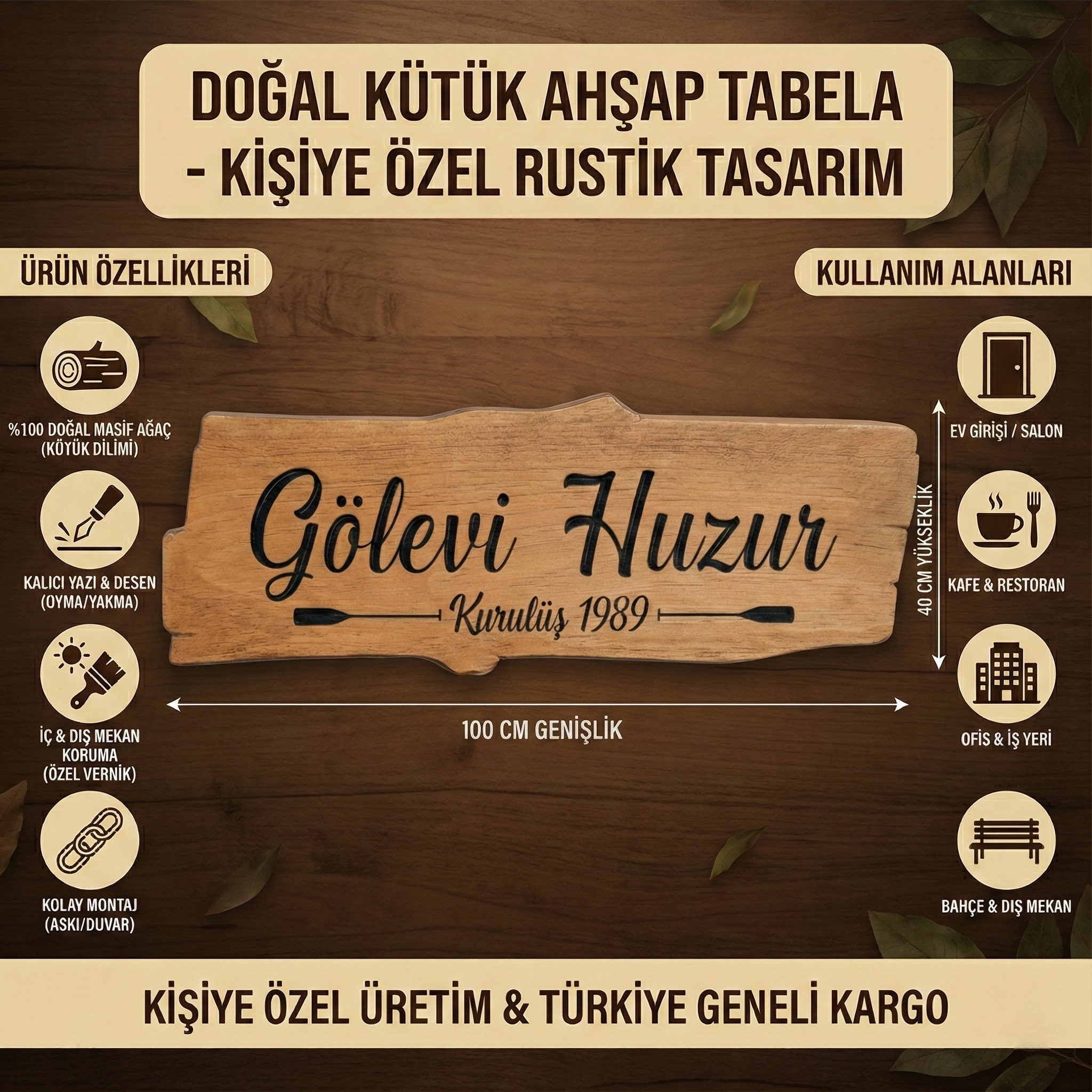 Doğal Kütük Ahşap Tabela - Kişiye Özel Rustik Tasarım Masif Ağaç