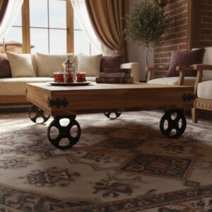 Rustik Ahşap Tekerlekli Sehpa - Görsel 3