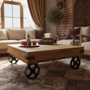 Rustik Ahşap Tekerlekli Sehpa - Görsel 1