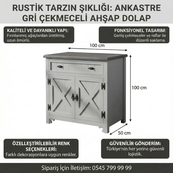 Rustik Gri Çekmeceli Ahşap Çok Amaçlı Dolap – Country Mutfak Konsolu ve Antre Büfes