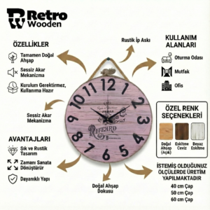 Vintage Pembe Ahşap Duvar Saati - Görsel 2
