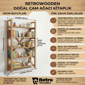 100 Doğal Fırınlanmış Çam Ağacı Masif Kitaplık ve Dekoratif Düzenleyici Raf Ünitesi - Görsel 2