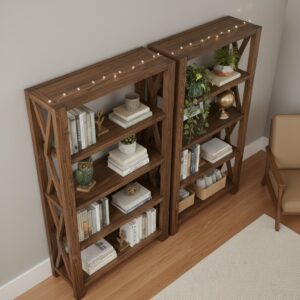 100 Doğal Masif Ahşap Rustik Kitaplık - Endüstriyel Tasarım X Destekli Çok Amaçlı Raf Ünitesi - Görsel 3