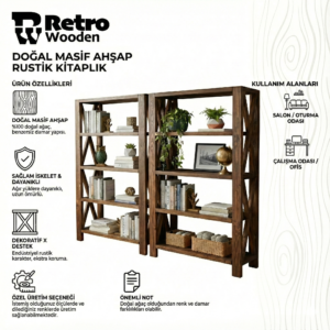 100 Doğal Masif Ahşap Rustik Kitaplık - Endüstriyel Tasarım X Destekli Çok Amaçlı Raf Ünitesi - Görsel 2