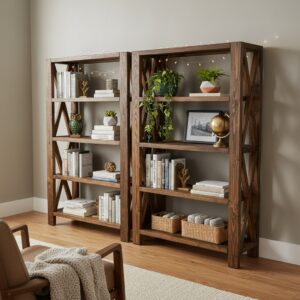 100 Doğal Masif Ahşap Rustik Kitaplık - Endüstriyel Tasarım X Destekli Çok Amaçlı Raf Ünitesi - Görsel 1