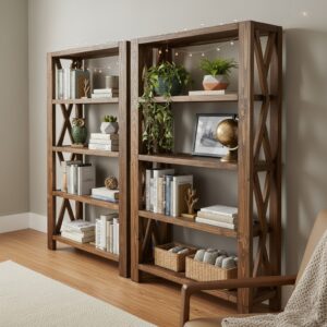 100 Doğal Masif Ahşap Rustik Kitaplık - Endüstriyel Tasarım X Destekli Çok Amaçlı Raf Ünitesi - Görsel 6