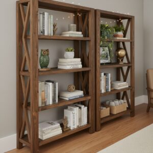 100 Doğal Masif Ahşap Rustik Kitaplık - Endüstriyel Tasarım X Destekli Çok Amaçlı Raf Ünitesi - Görsel 7