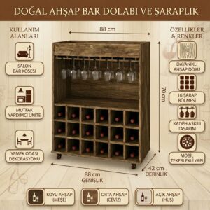Doğal Ahşap Bar Dolabı ve Şaraplık - Görsel 2
