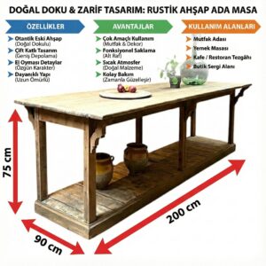 Doğal Dokulu Çift Katlı Rustik Ahşap Ada Mutfak ve Yemek Masası - Görsel 2