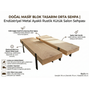 Doğal Masif Ahşap Blok Tasarım Orta Sehpa - Endüstriyel Metal Ayaklı Rustik Kütük Salon Sehpası - Görsel 2