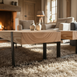 Doğal Masif Ahşap Blok Tasarım Orta Sehpa - Endüstriyel Metal Ayaklı Rustik Kütük Salon Sehpası - Görsel 5