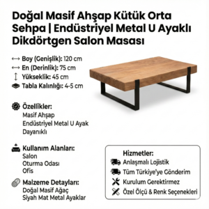 Doğal Masif Ahşap Kütük Orta Sehpa - Endüstriyel Metal U Ayaklı Dikdörtgen Salon Masası - Görsel 2