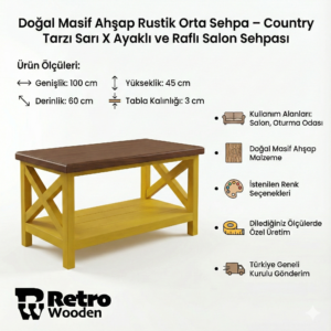 Doğal Masif Ahşap Rustik Orta Sehpa – Country Tarzı Sarı X Ayaklı ve Raflı Salon Sehpası - Görsel 2