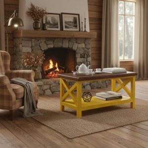 Doğal Masif Ahşap Rustik Orta Sehpa – Country Tarzı Sarı X Ayaklı ve Raflı Salon Sehpası - Görsel 4