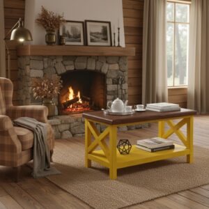 Doğal Masif Ahşap Rustik Orta Sehpa – Country Tarzı Sarı X Ayaklı ve Raflı Salon Sehpası - Görsel 5