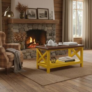 Doğal Masif Ahşap Rustik Orta Sehpa – Country Tarzı Sarı X Ayaklı ve Raflı Salon Sehpası - Görsel 1