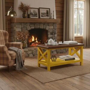 Doğal Masif Ahşap Rustik Orta Sehpa – Country Tarzı Sarı X Ayaklı ve Raflı Salon Sehpası - Görsel 7