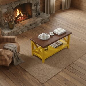 Doğal Masif Ahşap Rustik Orta Sehpa – Country Tarzı Sarı X Ayaklı ve Raflı Salon Sehpası - Görsel 8