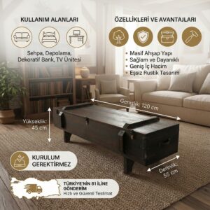 Doğal Masif Ahşap Sandık Orta Sehpa - Rustik Depolama Alanlı ve Metal Aksesuarlı Tasarım - Görsel 2