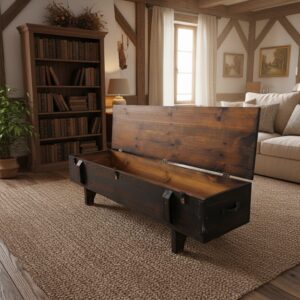 Doğal Masif Ahşap Sandık Orta Sehpa - Rustik Depolama Alanlı ve Metal Aksesuarlı Tasarım - Görsel 1