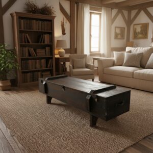 Doğal Masif Ahşap Sandık Orta Sehpa - Rustik Depolama Alanlı ve Metal Aksesuarlı Tasarım - Görsel 6