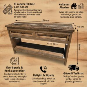 El Yapımı Masif Çam Eskitme Konsol & Rustik Ahşap Çekmeceli Dresuar - Görsel 2