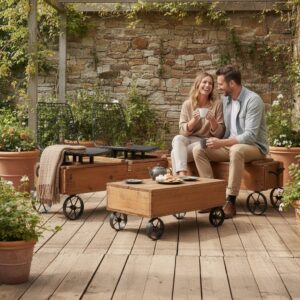 Endüstriyel Retro Tarz Doğal Ahşap Sandıklı ve Depolamalı Tekerlekli Oturma Grubu & Sehpa Seti - Görsel 3