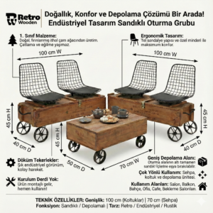 Endüstriyel Retro Tarz Doğal Ahşap Sandıklı ve Depolamalı Tekerlekli Oturma Grubu & Sehpa Seti - Görsel 2