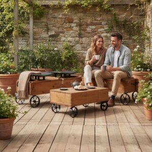 Endüstriyel Retro Tarz Doğal Ahşap Sandıklı ve Depolamalı Tekerlekli Oturma Grubu & Sehpa Seti - Görsel 4