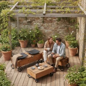 Endüstriyel Retro Tarz Doğal Ahşap Sandıklı ve Depolamalı Tekerlekli Oturma Grubu & Sehpa Seti - Görsel 5