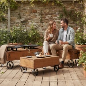 Endüstriyel Retro Tarz Doğal Ahşap Sandıklı ve Depolamalı Tekerlekli Oturma Grubu & Sehpa Seti - Görsel 1