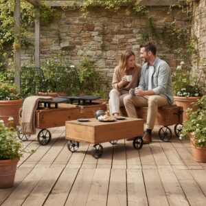 Endüstriyel Retro Tarz Doğal Ahşap Sandıklı ve Depolamalı Tekerlekli Oturma Grubu & Sehpa Seti - Görsel 7