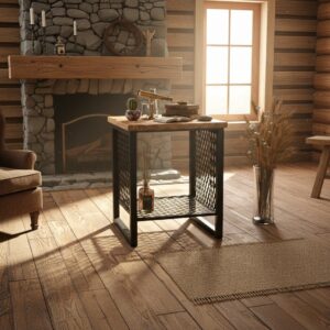 Endüstriyel Tasarım Doğal Masif Ahşap Yan Sehpa - Metal Kafesli ve Raflı Dekoratif Kare Masa - Görsel 3