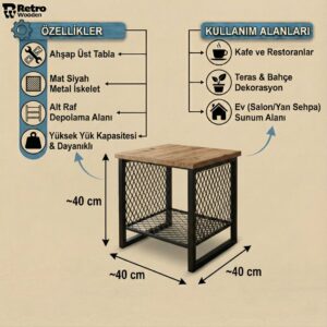 Endüstriyel Tasarım Doğal Masif Ahşap Yan Sehpa - Metal Kafesli ve Raflı Dekoratif Kare Masa - Görsel 2