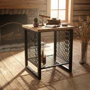 Endüstriyel Tasarım Doğal Masif Ahşap Yan Sehpa - Metal Kafesli ve Raflı Dekoratif Kare Masa - Görsel 1