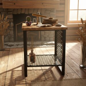 Endüstriyel Tasarım Doğal Masif Ahşap Yan Sehpa - Metal Kafesli ve Raflı Dekoratif Kare Masa - Görsel 5