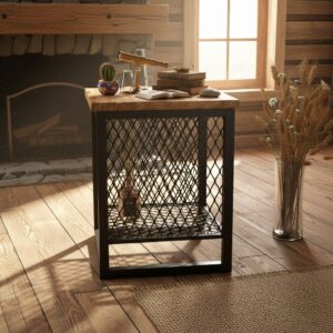 Endüstriyel Tasarım Doğal Masif Ahşap Yan Sehpa - Metal Kafesli ve Raflı Dekoratif Kare Masa - Görsel 6