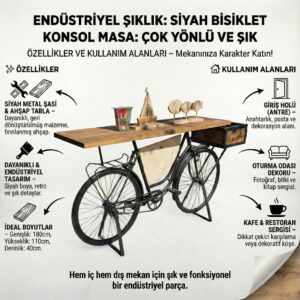 Endüstriyel Tasarım Siyah Bisiklet Konsol Dresuar - Retro ve Modern Dekoratif Masif Ahşap Sunum Masası - Görsel 2