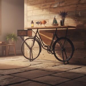 Endüstriyel Tasarım Siyah Bisiklet Konsol Dresuar - Retro ve Modern Dekoratif Masif Ahşap Sunum Masası - Görsel 3