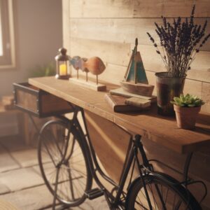 Endüstriyel Tasarım Siyah Bisiklet Konsol Dresuar - Retro ve Modern Dekoratif Masif Ahşap Sunum Masası - Görsel 4